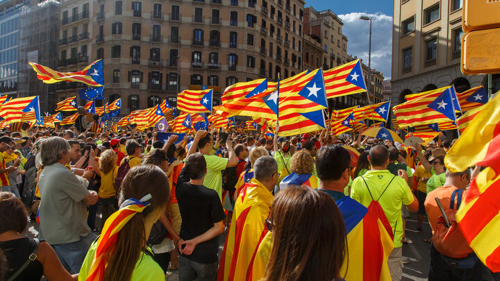 People rally in support of Catalonia independence during national day in Barcelona, Spain, on Sept. 11, 2017.