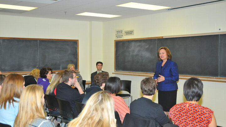U.S. Sen. Deb Fischer speaks with UNL political science students on Feb. 19.